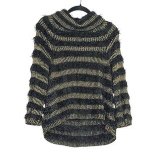 Alice + Olivia Fuzzy Striped Sweater Shiny  Gold Fringe SZ Extra Small